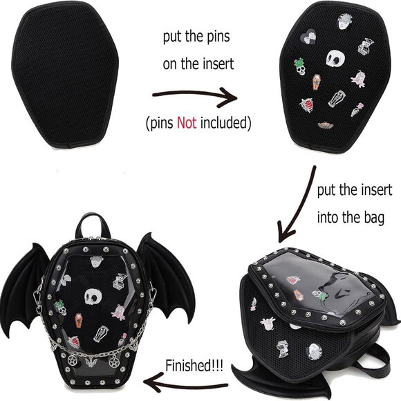 Goth Coffin Backpack with Detachable Bat Wing Halloween Coffin Ita Punk Shoulder - Picture 6 of 14